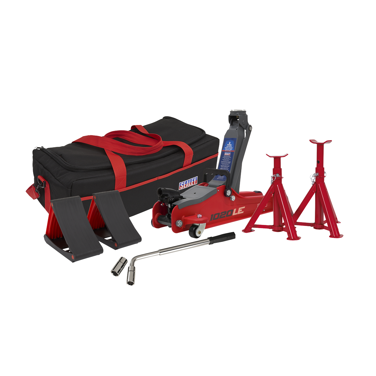 Trolley Jack 2 Tonne Low Entry Short Chassis & Accessories Bag Combo - Red - 1020LEBAGCOMBO - Farming Parts
