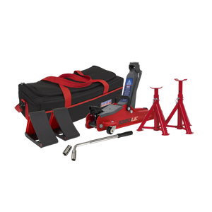 Trolley Jack 2 Tonne Low Entry Short Chassis & Accessories Bag Combo - Red - 1020LEBAGCOMBO - Farming Parts