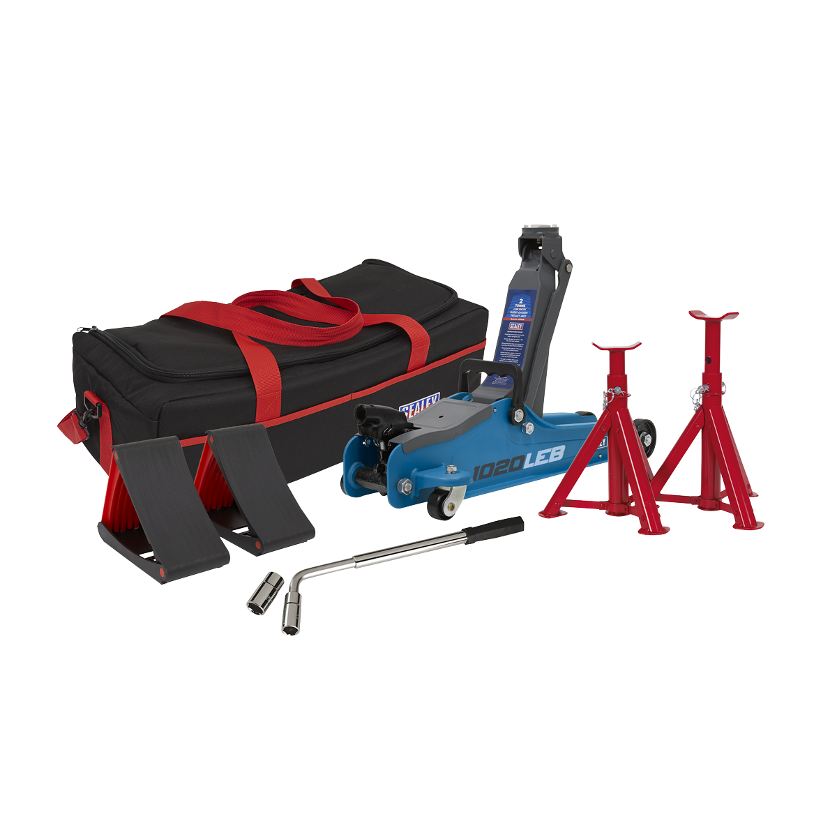 Trolley Jack 2 Tonne Low Entry Short Chassis & Accessories Bag Combo - Blue - 1020LEBBAGCOMBO - Farming Parts