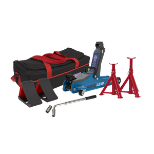Trolley Jack 2 Tonne Low Entry Short Chassis & Accessories Bag Combo - Blue - 1020LEBBAGCOMBO - Farming Parts