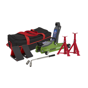 Trolley Jack 2 Tonne Low Entry Short Chassis & Accessories Bag Combo - Hi-Vis Green - 1020LEHVBAGCOMBO - Farming Parts