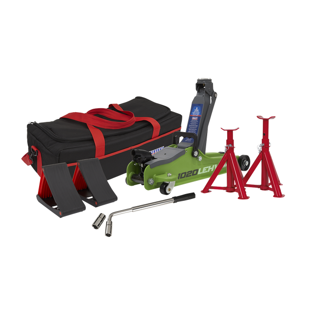 Trolley Jack 2 Tonne Low Entry Short Chassis & Accessories Bag Combo - Hi-Vis Green - 1020LEHVBAGCOMBO - Farming Parts