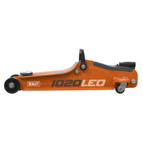 Introducing the Sealey Trolley Jack 2 Tonne Low Profile Short Chassis - Orange - 1020LEO, an orange floor jack with stylish black and white accents. This model features a heavy-duty chassis and wheels for enhanced mobility, making it ideal for sports and custom cars with its low-profile lifting range.