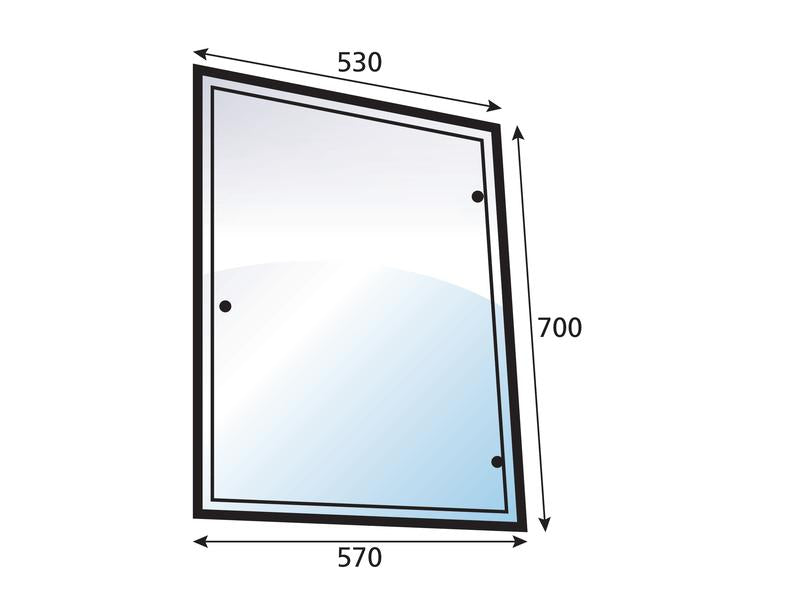 Illustration of a rectangular mirror with dimensions labeled as 530 mm by 700 mm. Three black dots are visible along the left, right, and bottom edges, and the frame width is labeled as 570 mm. This spare part, branded as Sparex Corner LH (Sparex Part Number: S.102341), is suitable for LH fitting on various Sparex models.