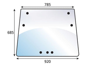 Illustration of a curved glass panel with dimensions labeled. The width at the top is 785 mm, the width at the bottom is 920 mm, and the height is 685 mm. Several holes are marked on the glass, fitting for a Sparex Windscreen (Sparex Part Number: S.102400).