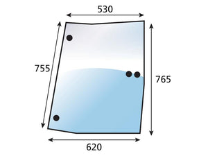 The Side Glass RH (Sparex Part Number: S.102417) by Sparex is an asymmetrical curved glass panel featuring four holes, with dimensions of 530mm width at the top, 620mm width at the bottom, 755mm height on the left, and 765mm height on the right. It's ideal for RH fitting or as a replacement part from Sparex.