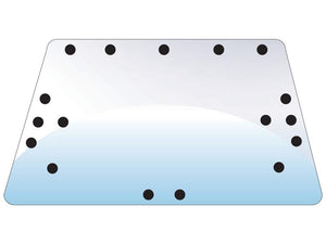 Diagram showing a trapezoidal object with 19 evenly spaced black dots on a gradient blue and white background, resembling the Rear Window (Sparex Part Number: S.102428) for Renault vehicles with 5 holes per hinge, from the Sparex brand.