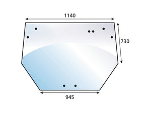 Diagram illustrating a trapezoidal object labeled as Sparex Rear Window (Part Number: S.102483) with dimensions of 1140 mm, 945 mm, and 730 mm. The illustration contains small black dots at several points, and the curved edges give it a unique shape.