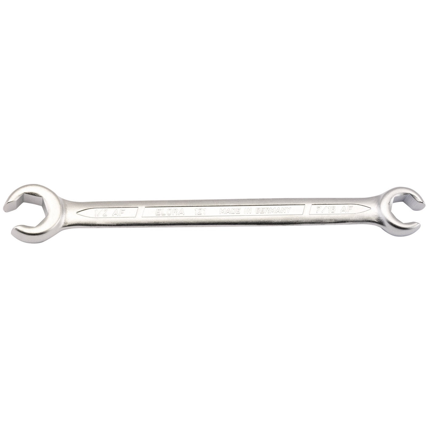 The Draper Elora Imperial Flare Nut Spanner, model 121A-7/16x1/2, is a double-ended open spanner wrench made of chrome vanadium steel with "7/16 X 1/2" imprinted on it to indicate the tool's opening sizes. This tool adheres to DIN 3118 Specifications, ensuring durability and precision when working with compression nuts.