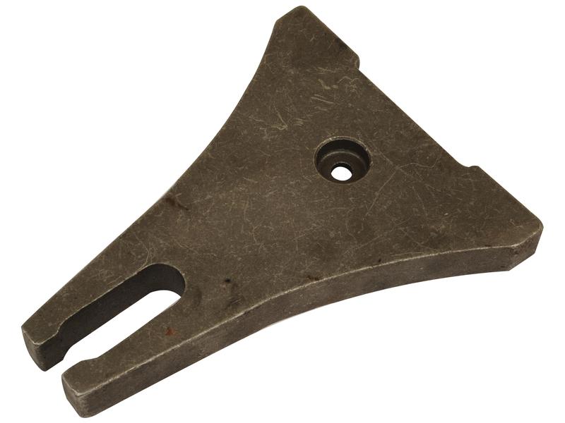 A Slide Plate 175mm from Sparex, replacement for Horsch/Simba part number 00310656 (Sparex Part Number S.102529) features a wedge-shaped metal bracket with a vertical slot on one side and a central mounting hole, categorized under Tariff Code 8432900000.