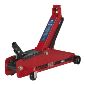 A red Sealey Trolley Jack 2.25 Tonne High Lift SUV Super Rocket Lift, model number 1025HL, is in a raised position on its wheels.