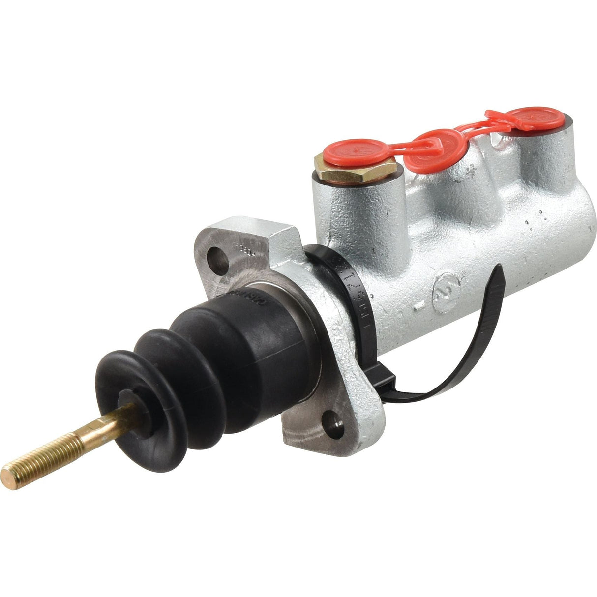 A Brake Master Cylinder from Sparex (Part No. S.102635) featuring black rubber components and red caps on the ports, compatible with vegetable oil.