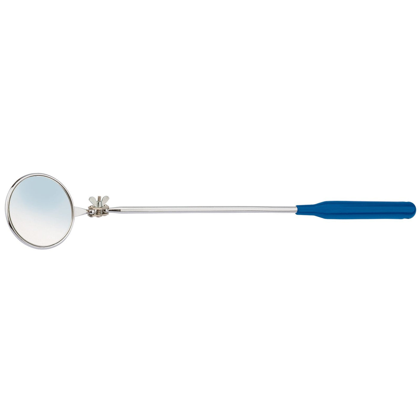 An ideal tool for viewing concealed areas, the Draper Fixed Shaft Inspection Mirror, 370mm - M301 features a flexible head and a blue handle.