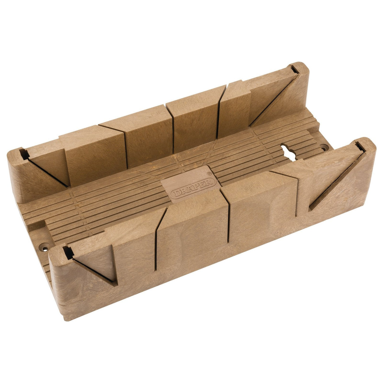 The Draper Mitre Box, measuring 360 x 110 x 60mm, is made from high-quality plastic and features grooves to guide saw cuts at various angles, including precise 45° guides.