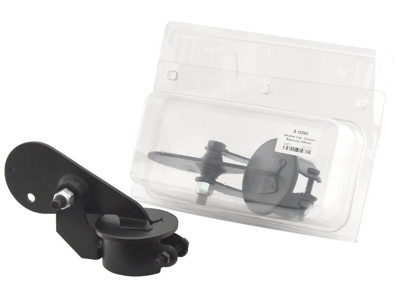 A black Weather Cap - Counter Balanced, Ø2'' (50mm), model S.10283, is displayed next to its clear plastic packaging.