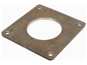 A Sparex Weld on Square Flange 5'' (125mm) (Non Galvanised), identifiable by its square metal plate with a large central circular cutout and four smaller corner holes, Sparex Part Number S.103090.