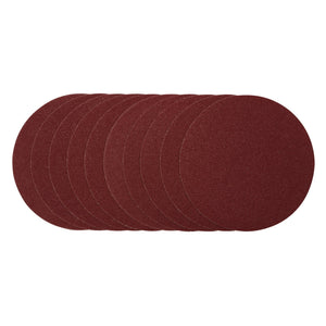 A fanned-out stack of ten round, brown Draper Sanding Discs (230mm, 40 Grit) viewed from above on a white background.