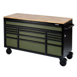 The Draper Bunker® Workbench Roller Tool Cabinet, a 61" large, green and black metal tool chest on caster wheels, features a beautiful hardwood worktop and multiple drawers.