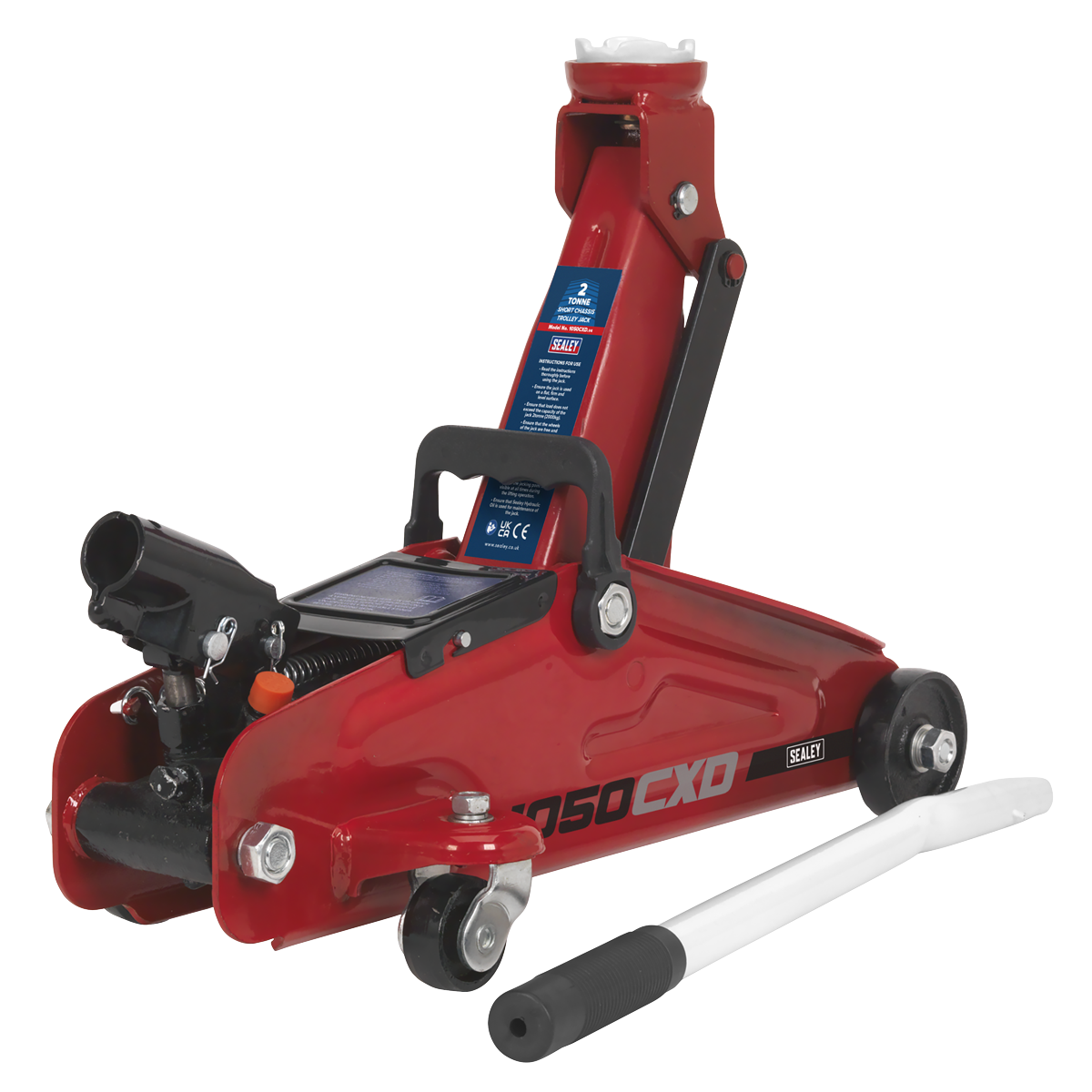 Sealey's Trolley Jack 2 Tonne Short Chassis with Storage Case - 1050CXD features a red design, white handle, two small wheels, and a versatile lifting range.