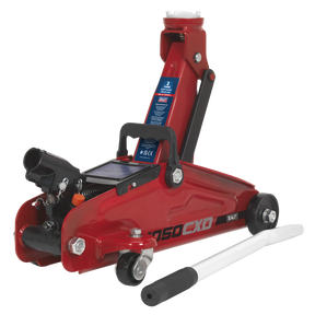 Sealey's Trolley Jack 2 Tonne Short Chassis with Storage Case - 1050CXD features a red design, white handle, two small wheels, and a versatile lifting range.