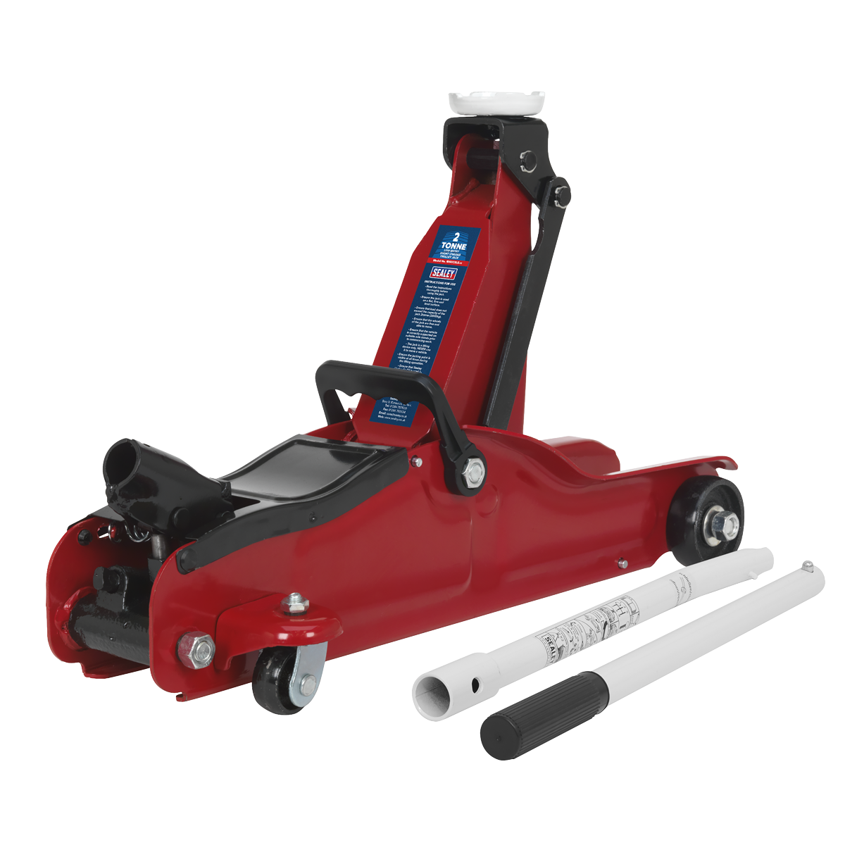 Introducing the Sealey Trolley Jack 2 Tonne Low Profile Short Chassis - 1050CXLE, a premium red hydraulic floor jack with a handle and accompanying accessories. This one-piece hydraulic unit is perfect for low entry lifting range, making it ideal for lifting heavy vehicles or objects such as sports and custom cars.