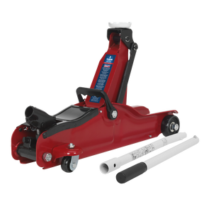 Introducing the Sealey Trolley Jack 2 Tonne Low Profile Short Chassis - 1050CXLE, a premium red hydraulic floor jack with a handle and accompanying accessories. This one-piece hydraulic unit is perfect for low entry lifting range, making it ideal for lifting heavy vehicles or objects such as sports and custom cars.