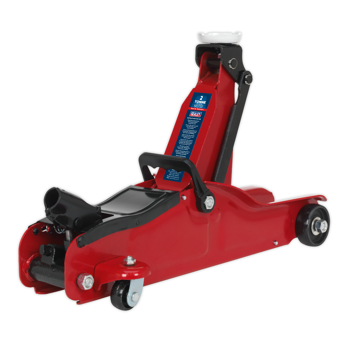 The Sealey Trolley Jack 2 Tonne Low Profile Short Chassis - 1050CXLE is a red hydraulic floor jack with black accents, ideal for lifting vehicles. It comes equipped with a handle, wheels for easy mobility, and a one-piece hydraulic unit. The blue label denotes its 2-ton lifting capacity, making it perfect for sports and custom cars due to its low entry lifting range.