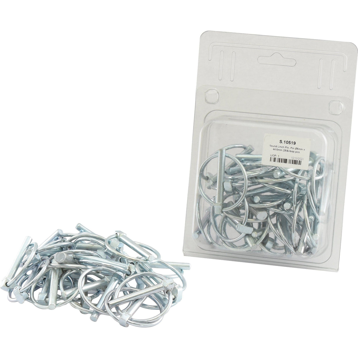 A pile of metal Round Linch Pins (Pin Ø6mm x 44.5mm) is displayed next to a packaged set of the same pins, branded under Agripak by Sparex, on a white background.