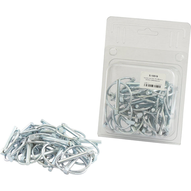 A pile of metal Round Linch Pins (Pin Ø6mm x 44.5mm) is displayed next to a packaged set of the same pins, branded under Agripak by Sparex, on a white background.