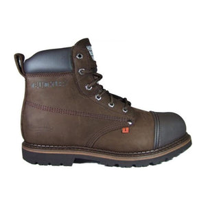 Introducing the *SPECIAL PRICE* - Buckler Safety Steel Toe & Midsole - B301SM by JMCE, a rugged brown leather work boot. This model comes with a black toe cap and metal eyelets, paired with a padded black collar for added comfort. It features robust stitching and a convenient pull-tab at the heel. The boot is designed with a thick, grooved rubber sole that is oil-resistant and showcases Goodyear welted construction for enhanced durability.