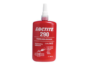 Image of a red bottle of LOCTITE® 290 Wicking Grade Threadlocker (Sparex Part Number: S.105334) with a nozzle, labeled as a low viscosity, high strength, vibration-proof, and heat-resistant penetrating adhesive. The 250ml Sparex bottle is perfect for any repair needs.