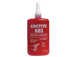 A 250ml bottle of LOCTITE® 603 Retaining Compound (Sparex Part Number: S.105345) in red, labeled as an oil-tolerant adhesive with low viscosity and high strength.