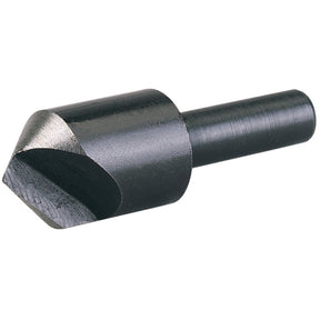 The Draper Countersink Bit, 16mm - CSB5 is a black metal drill bit with a conical tip made from special tool steel. Designed to create tapered holes, its 55HRC hardness and fast cutting edge ensure precision and durability.