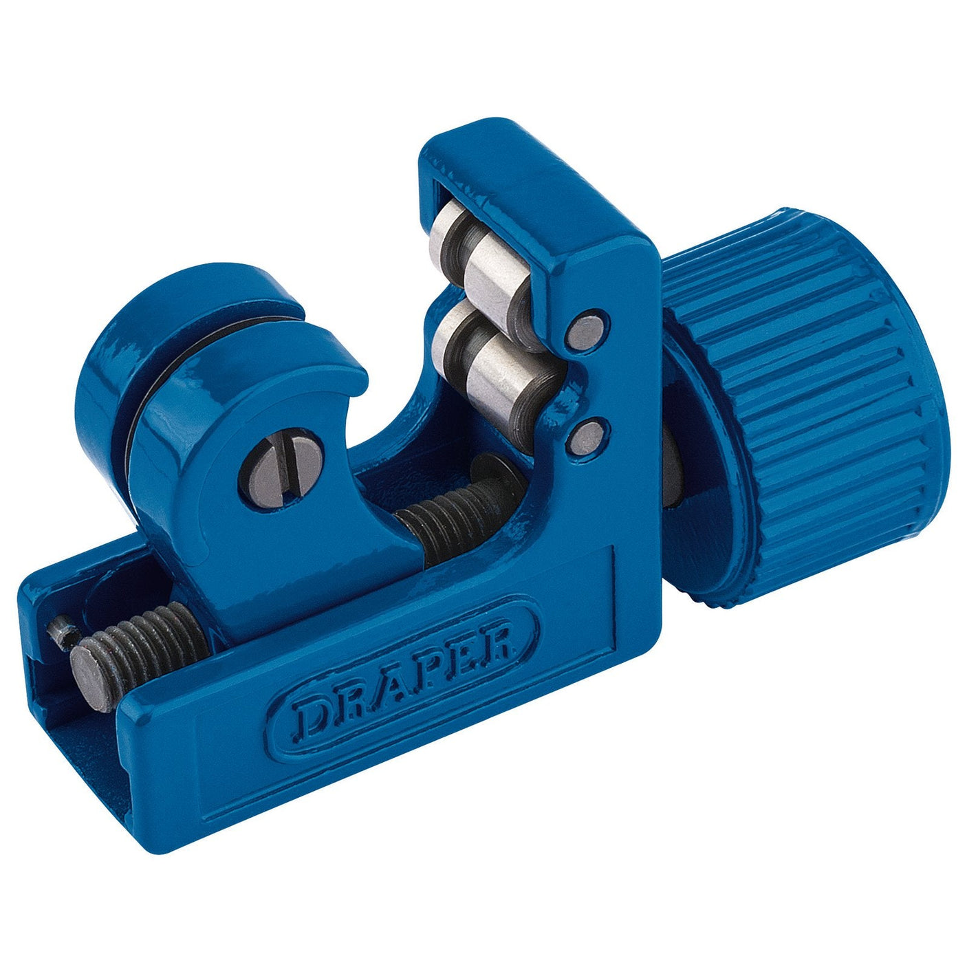 A Draper Mini Pipe Cutter, 3 - 22mm - TC16, featuring a diecast aluminium body with a rotary handle, cutting wheel, and adjustable tubing cutter.