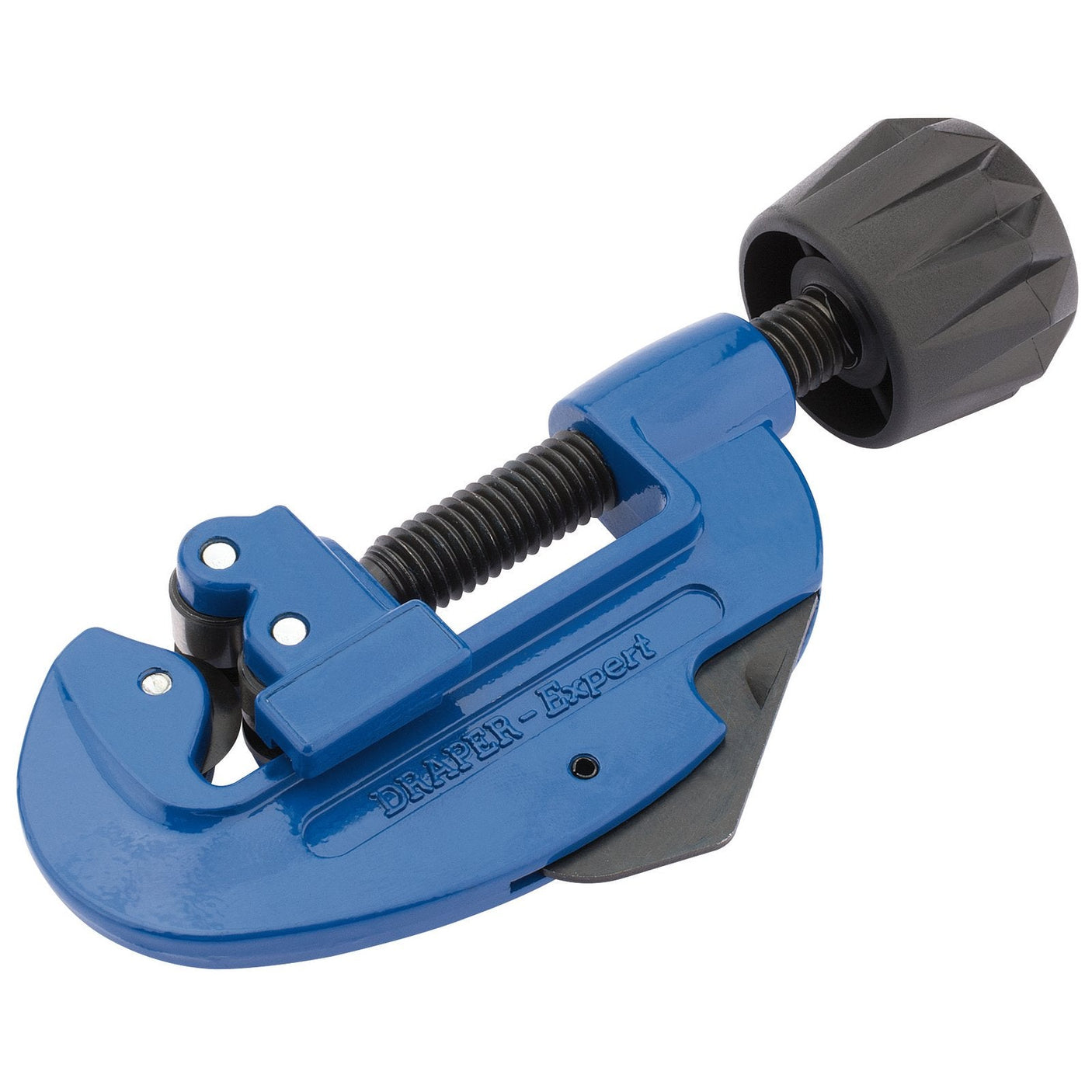 A blue Draper Expert Pipe Cutter, 3 - 30mm - TC28, featuring a hardened steel blade, retractable reamer, and a black handle.