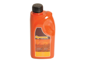 A plastic bottle labeled "Brake Fluid - DOT 4, 1 ltr(s)" with an orange body and black cap, featuring high boiling point fluid for optimal performance. Brand: Sparex, Part Number: S.105912.