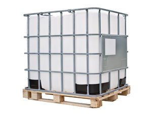 A large white industrial bulk container labeled "Engine Oil - Endurol 15W/40, 1000 ltr(s) IBC" with Sparex Part Number S.105931 and secured with a metal frame sits on a wooden pallet.