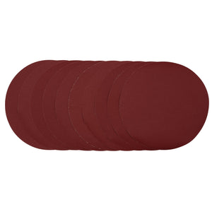 A slightly fanned-out stack showcasing the edges of each round red-brown disc from the Draper Sanding Discs, 230mm, 240 Grit (Pack Of 10) - SDHAL230.