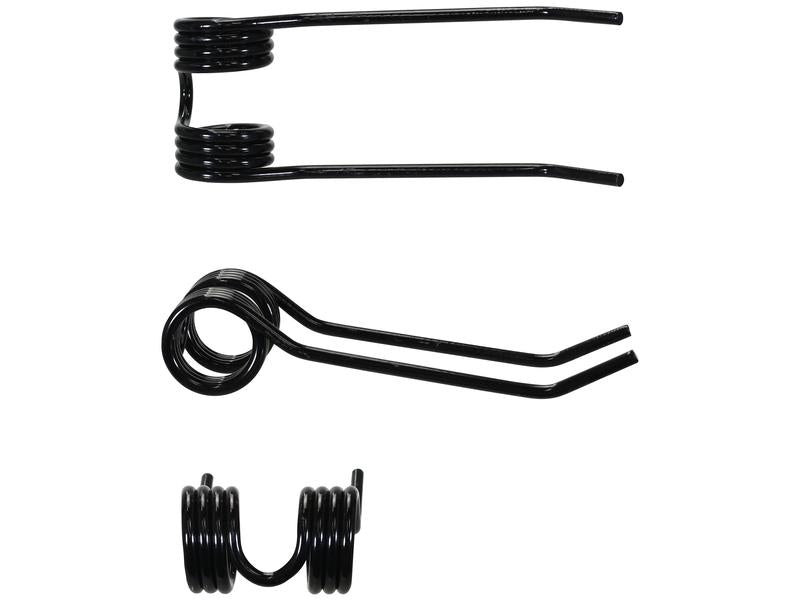 Three black Pick-Up Tine torsion springs from Sparex, each varying in shape and size, are displayed against a white background. These springs, measuring 223mm in length, 81mm in width with a Ø6.5mm diameter, serve as an ideal replacement for Idass and BMV models (Sparex Part Number: S.106215), perfect for addressing fixing gaps in mechanical systems.