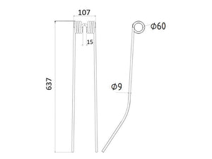 Grange & Walter Swather/Tedder Tine Length: 620mm, Width: 105mm, Ø9mm - Replacement for Daros To fit as: 6900220 | S.106221 - Product Image 2