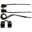 Three black metal torsion springs of varying shapes, identified as Tedder haytine and made by Sparex, are displayed on a white background.