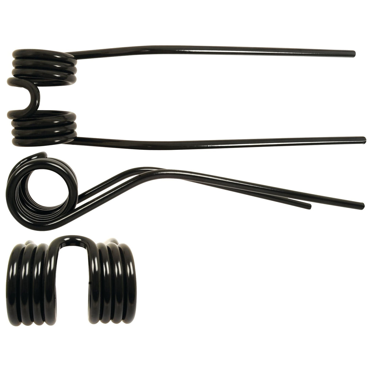 Three black metal torsion springs of varying shapes, identified as Tedder haytine and made by Sparex, are displayed on a white background.