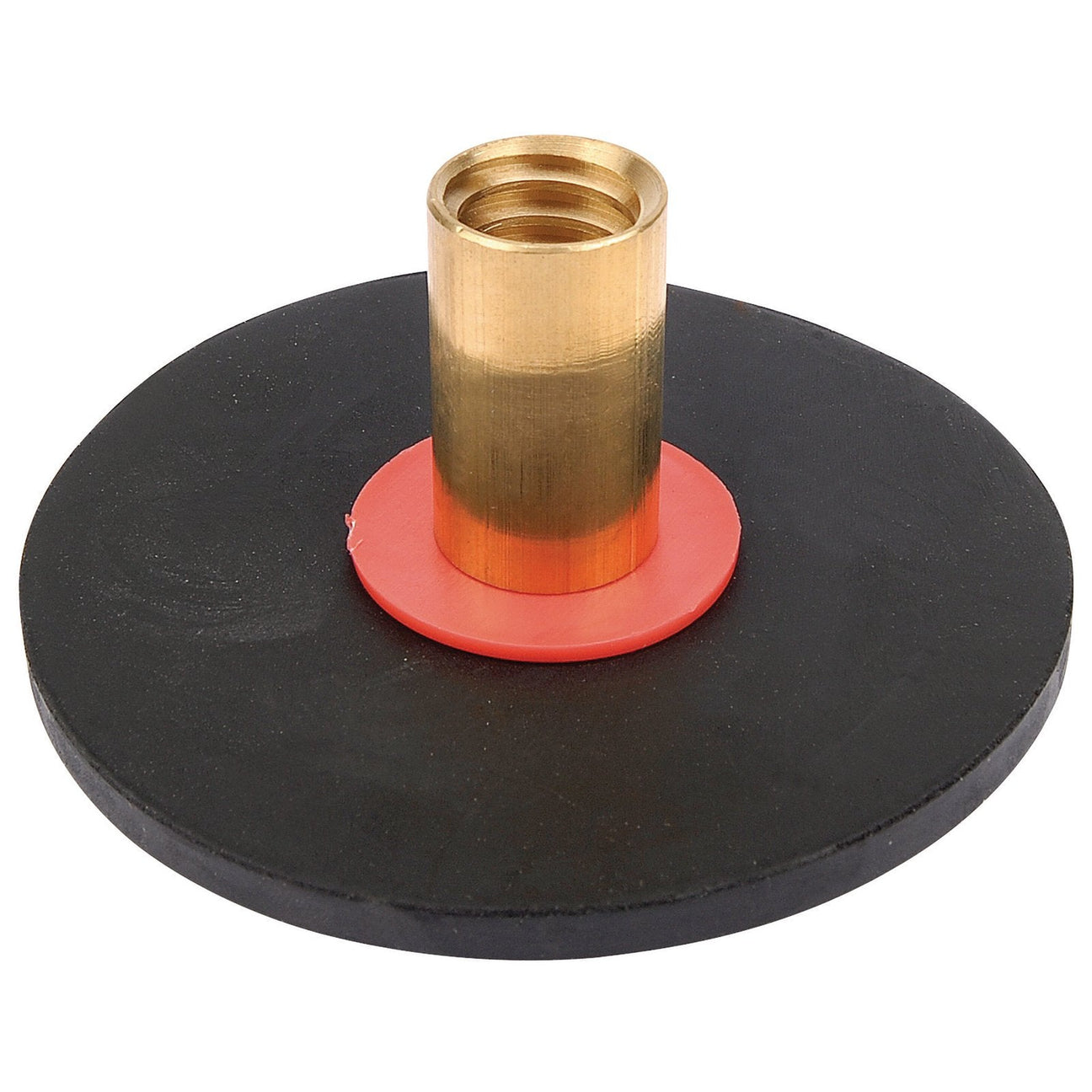 The Draper Plunger for Drain Rods - DRPA, from the brand Draper, features a round brass fitting with a threaded hole at the center that is attached to a black disc, with a red rubber gasket positioned between them.