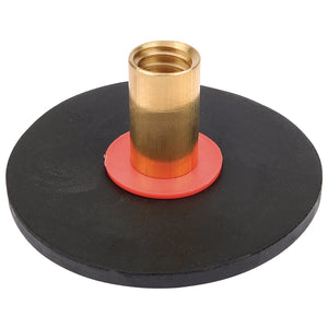 The Draper Plunger for Drain Rods - DRPA, from the brand Draper, features a round brass fitting with a threaded hole at the center that is attached to a black disc, with a red rubber gasket positioned between them.