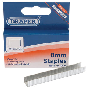 A pack of Draper Steel Staples (8 X 10mm) containing approximately 1000 galvanized steel staples, each precisely aligned, with the stock number 10639.