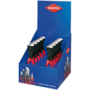 A blue countertop display box branded Draper features ten 200mm End Cutting Pliers from Knipex, each with black and red handles. The box prominently displays the Knipex logo and slogan, "Knipex Quality – Made in Germany," and adheres to DIN ISO 5748 standards.