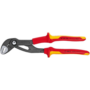 The Draper Knipex Cobra® 87 28 250Uksbe Vde Fully Insulated Waterpump Pliers, 250mm - 87 28 250 UKSBE features insulated red and yellow handles, designed for gripping and turning objects. Crafted from durable chrome vanadium steel, it offers a precise 24-position adjustment for optimal performance.