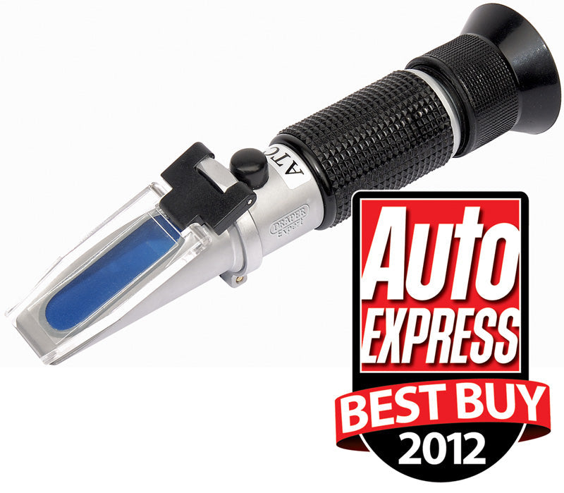 The Draper Anti-Freeze, Battery And Screenwash Refractometer Kit - RFR, known for its precision and textured grip with a blue prism, featuring automatic temperature compensation, is displayed next to an Auto Express Best Buy 2012 award badge.