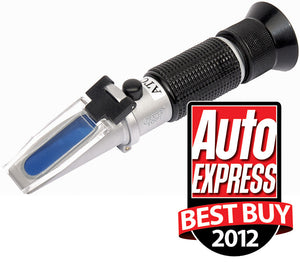 The Draper Anti-Freeze, Battery And Screenwash Refractometer Kit - RFR, known for its precision and textured grip with a blue prism, featuring automatic temperature compensation, is displayed next to an Auto Express Best Buy 2012 award badge.