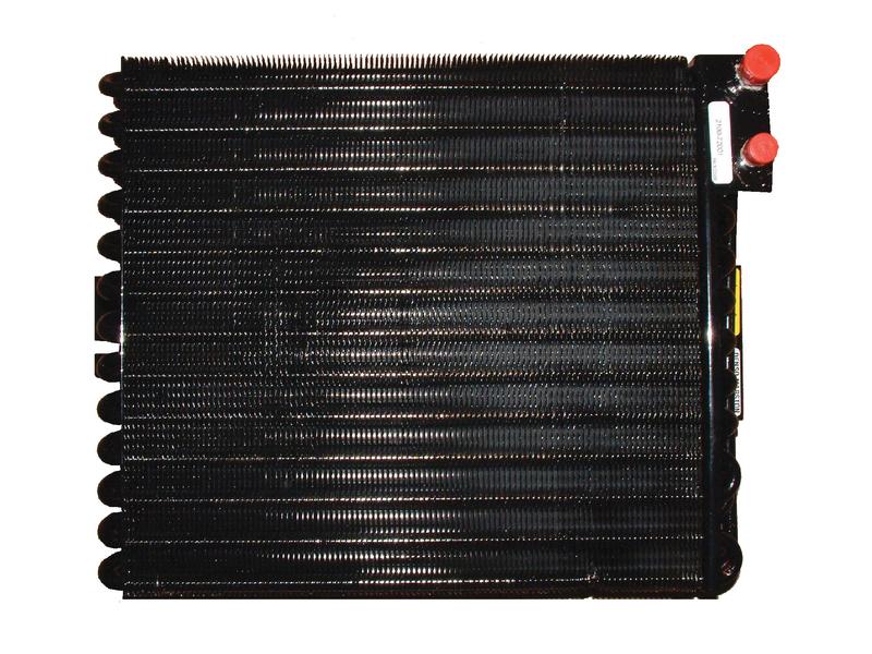 Close-up of a black, rectangular Condenser (Sparex Part Number: S.106666) cooling radiator with parallel metal fins and two red-tipped connectors on the top right corner, branded by Sparex.